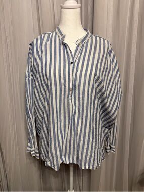Zara Blue and White Vertical Stripe Casual Button-Down Shirt